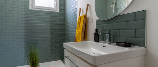 Salle d'eau faience verte douche meuble vasque avec serviettes echelle bois et plante